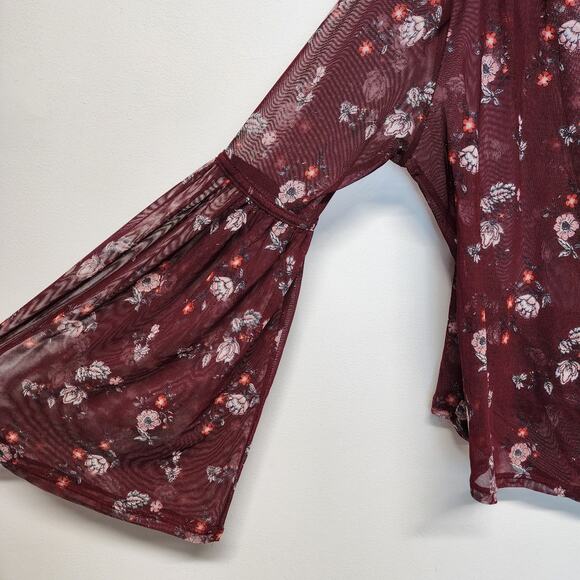 Bongo Mesh Flare Sleeve Blouse Top Size L Plum Wrap Front Boho Y2K Whimsigoth - Picture 5 of 12